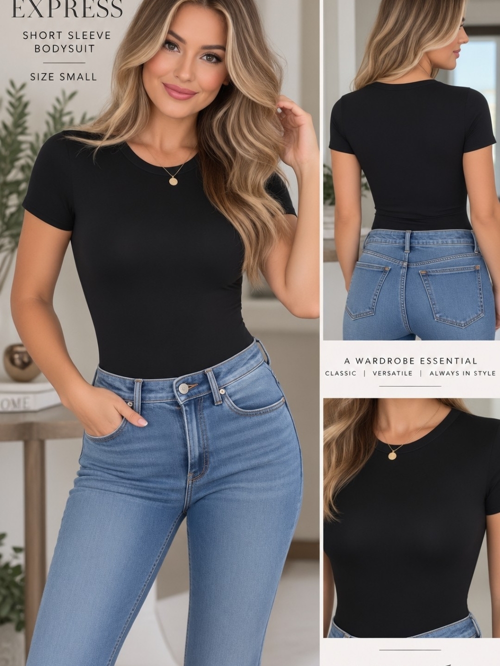 Express Black Short Sleeve Crewneck Bodysuit